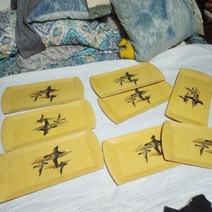 HASKO GUC SET OF 8 MALLARDS DUCK IN FLIGHT WOOD VENEER TRAYS